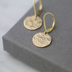 Gold Textured Earrings Lever-back, Minimalist Hammered Gold Filled Dangle Leverback Earrings, Gold Jewelry Gift for Her image 2