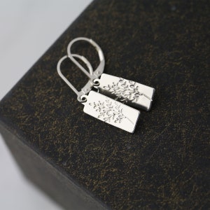 Stamped Wildflower Lever-back Earrings in Sterling Silver • Small Dainty Minimalist Nature Dangle Earrings