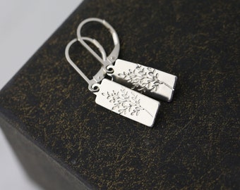 Stamped Wildflower Lever-back Earrings in Sterling Silver • Small Dainty Minimalist Nature Dangle Earrings