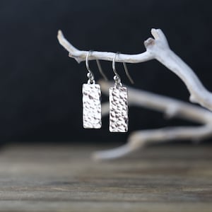 Dainty Hammered Silver Minimal Earrings • Sterling Silver Tag Lever-back Earrings Dangle • Minimalist Earrings Gift for Her
