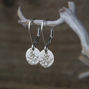 Tiny Hand Stamped Wildflower Lever-back Earrings in Sterling Silver Dainty Minimalist Nature Dangle Disc Earrings image 6