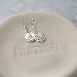 Tiny Hand Stamped Wildflower Lever-back Earrings in Sterling Silver Dainty Minimalist Nature Dangle Disc Earrings image 3