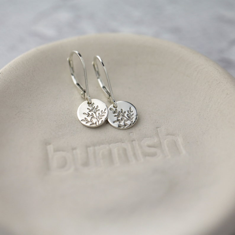 Tiny Hand Stamped Wildflower Lever-back Earrings in Sterling Silver Dainty Minimalist Nature Dangle Disc Earrings image 3