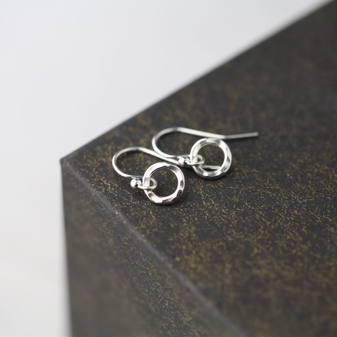 Tiny Circle Sterling Silver Earrings Dangle Simple Hammered Lightweight ...