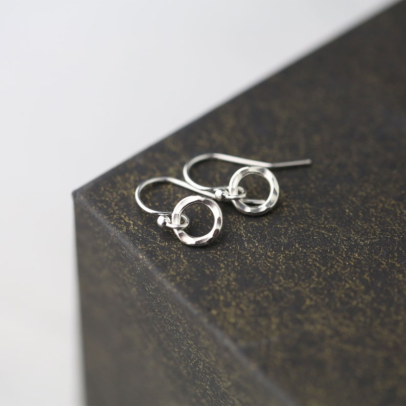 Tiny Circle Sterling Silver Earrings Dangle Simple Hammered Lightweight Dainty Earrings for Women Small Minimalist Everyday Jewelry image 1