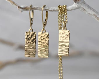Handmade Hammered Gold Jewelry Gift Set • Minimalist Handcrafted Gold Earrings and Necklace for Women • Gift for Her by Burnish