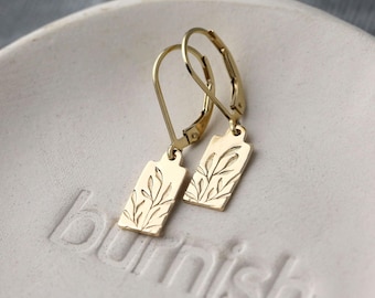 Tiny Hand Stamped Leaf Earrings • Sterling Silver or Gold Filled Minimalist Earrings Dangle • Handmade Jewelry by Burnish