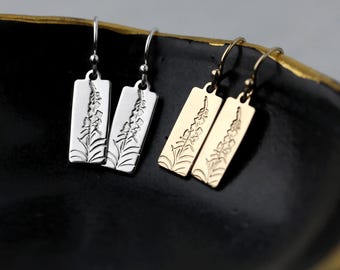 Hand Stamped Fireweed Earrings • Sterling Silver or Gold Filled Alaskan Design by Burnish