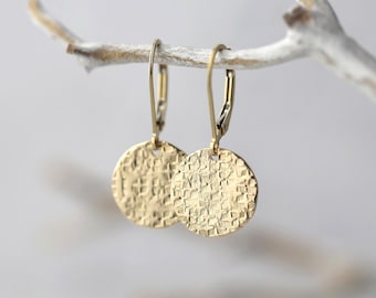Gold Raw Silk Textured Earrings Lever-back • Elegant Hammered Gold Filled Disc Dangle Leverback Earrings by Burnish Jewelry