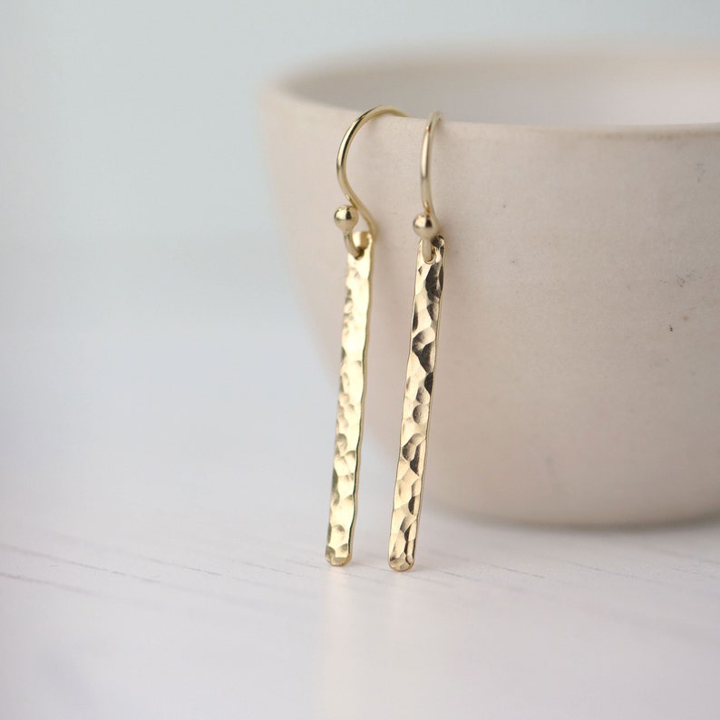 Slim Gold Minimal Earrings Gold Filled Hammered Bar Earrings Dangle Minimalist Earrings Handmade by Burnish image 7