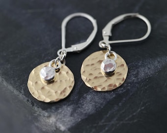 Mixed Metal Hammered Disc Dangle Lever Back Earrings in Sterling Silver and 14K Gold Filled
