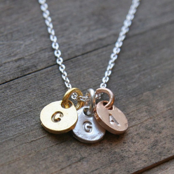 SALE Triple Monogram Personalized Necklace / Three Hand Stamped Initials / Custom Mommy Jewelry