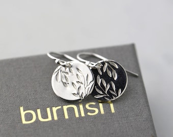 Small Handmade Willow Leaf Sterling Silver Earrings: Dainty Disc Drop Earrings