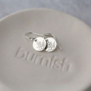 Tiny Hand Stamped Wildflower Silver Earrings Dainty Minimalist Nature Dangle Disc Leaf Earrings Handmade Jewelry by Burnish image 3