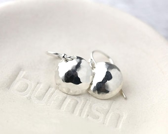 Hammered Sterling Silver Earrings Handmade • Minimalist Domed Earrings • Handmade Gifts for Her • Simple Disc Earrings Dangle Drop