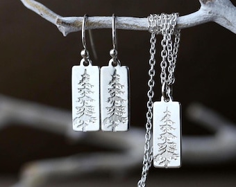 Evergreen Tree Earrings and Necklace in Sterling Silver • Hand Stamped Nature Inspired Forest Spruce Tree Jewelry Gift Set