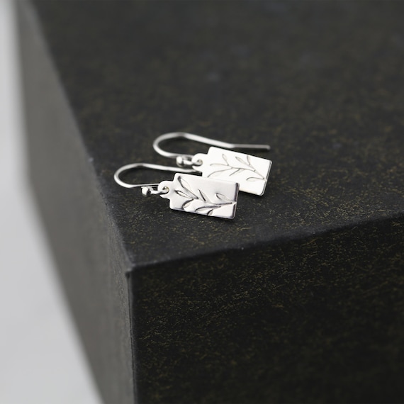 Fern Vine Design Sterling Silver Small Square Tag Dangle Earrings Fern Vine Design Sterling Silver Small Square Tag Dangle Earrings