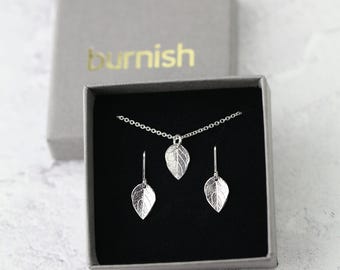 Dainty Leaves Earrings and Necklace in Sterling Silver • Handmade Nature Jewelry Gift Set