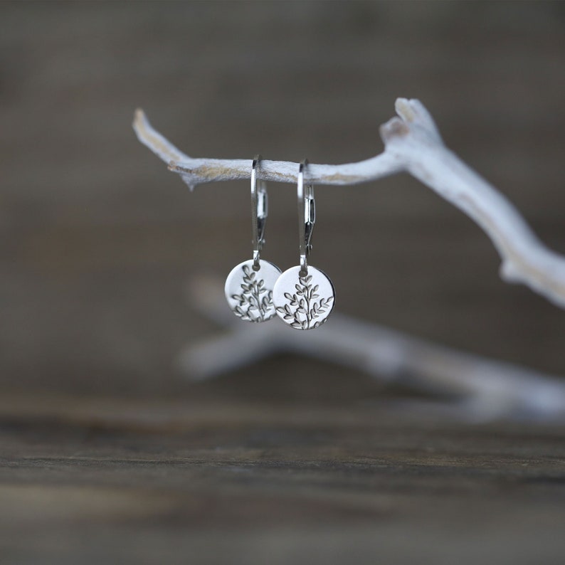 Tiny Hand Stamped Wildflower Lever-back Earrings in Sterling Silver Dainty Minimalist Nature Dangle Disc Earrings image 1