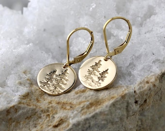 Hand Stamped Gold Filled Tree Earrings: Dainty Forest Jewelry by Alaskan Artist Burnish