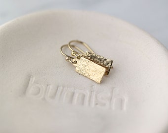 Tiny Textured Gold Minimal Earrings • Dainty Gold Filled Minimalist Dangle Earrings • Handmade Jewelry by Burnish