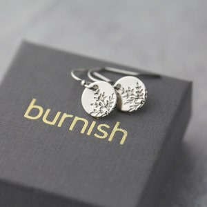 Tiny Hand Stamped Wildflower Silver Earrings Dainty Minimalist Nature Dangle Disc Leaf Earrings Handmade Jewelry by Burnish image 1