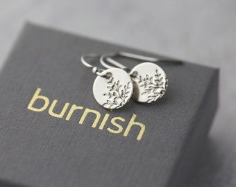 Tiny Hand Stamped Wildflower Silver Earrings • Dainty Minimalist Nature Dangle Disc Leaf Earrings • Handmade Jewelry by Burnish