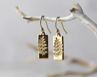 Hand Stamped Fern Leaf Gold Filled Dangle Earrings • Nature Inspired Botanical Handmade Jewelry Gift for Her by Burnish