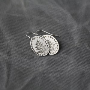 Silver Leaf Oval Earrings Minimalist Hand Stamped Sterling Silver Botanical Dangle Lever back Earrings Jewelry Made in Alaska Fern/Standard
