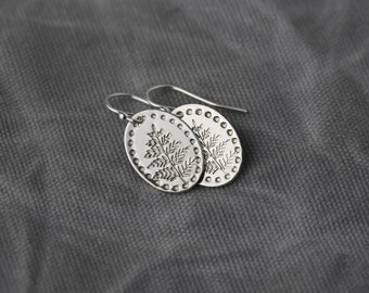 Silver Leaf Oval Earrings • Minimalist Hand Stamped Sterling Silver Botanical Dangle Lever back Earrings • Jewelry Made in Alaska