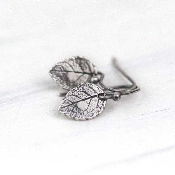 Tiny Silver Leaf Earrings / Mini Leaves in Dark Oxidized Sterling Silver