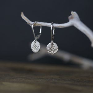 Tiny Hand Stamped Wildflower Lever-back Earrings in Sterling Silver Dainty Minimalist Nature Dangle Disc Earrings image 7