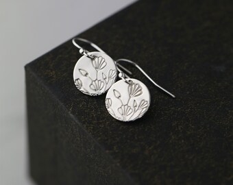 Minimalist Silver Floral Dangle Earrings • Hand Stamped Flowers Sterling Silver Disc Lever-back Earrings