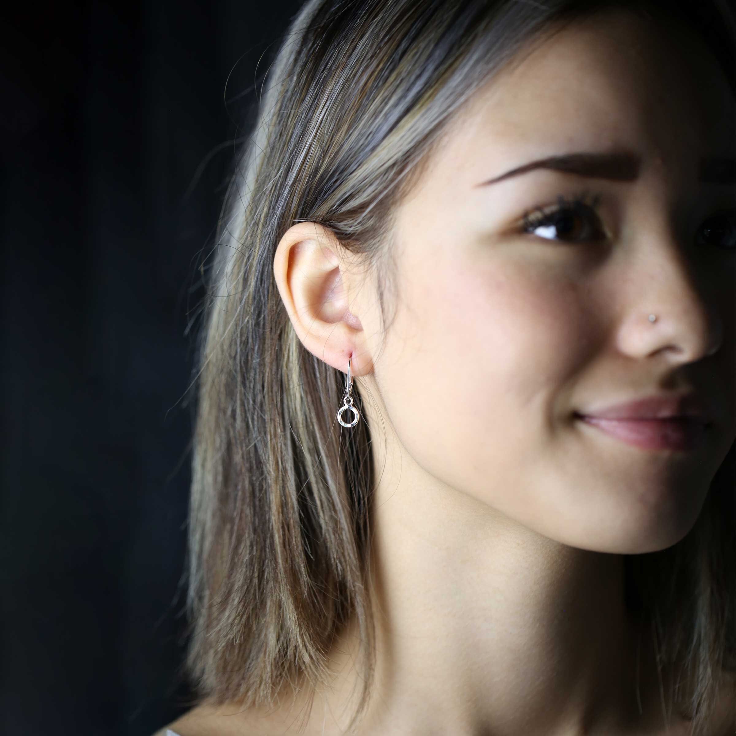 Tiny Circle Sterling Silver Lever back Earrings Simple Silver