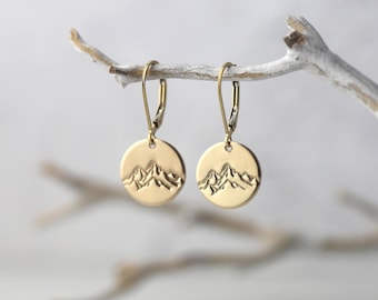 Minimalist Gold Mountain Lever-back Earrings • Hand Stamped Gold Filled Disc Earrings • Handmade Jewelry by Burnish
