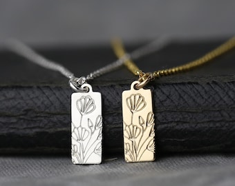 Hand Stamped Poppy Flower Pendant Necklace in Sterling Silver or 14K Gold Filled | Nature Inspired Jewelry by Burnish