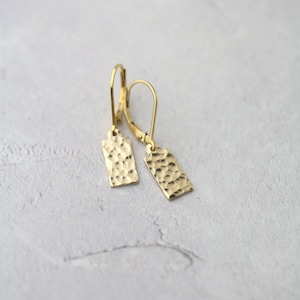 Dainty Hammered Gold Minimal Earrings • Tiny Gold Filled Lever-back Tag Drop Earrings Dangle • Minimalist Earrings by Burnish