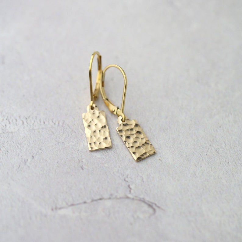 Dainty Hammered Gold Minimal Earrings Tiny Gold Filled Lever-back Earrings Dangle Minimalist Earrings by Burnish image 1