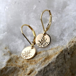 Small Hand Stamped Wildflower Dangle Earrings: 14K Gold Filled Leverback Earrings by Burnish