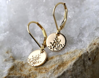 Small Hand Stamped Wildflower Dangle Earrings: 14K Gold Filled Leverback Earrings by Burnish