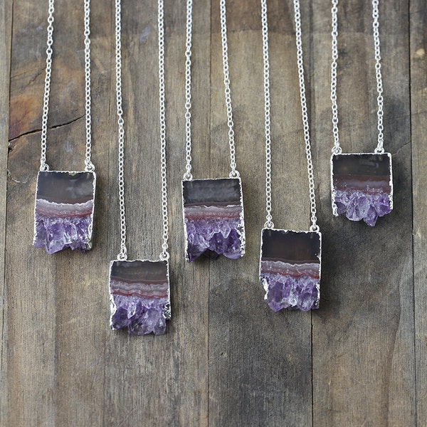 Natural Raw Amethyst Slice Necklace - Geode Stone Edged with Silver