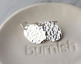 Hammered Silver Oval Earrings Lever-back • Minimalist Sterling Silver Disc Dangle Leverback Earrings