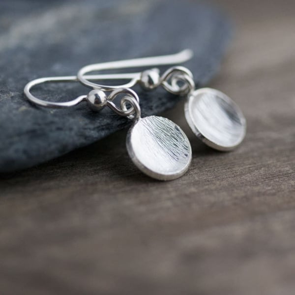 Simple Brushed Silver Disc Earrings / Curved Domed Sterling Silver Drops / Minimalist Everyday Jewelry