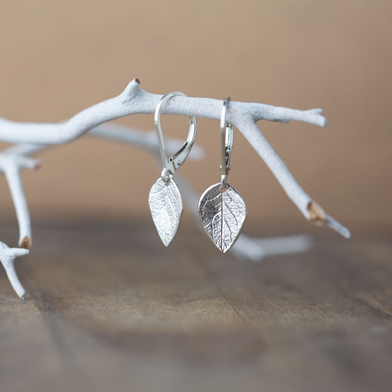 Sterling Silver Leaf Earrings Lever-back Minimalist Dainty Earrings Handmade Modern Gardening Jewelry for Women Gift for Her image 8