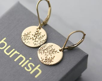 Hand Stamped Wildflower Lever-back Earrings in Gold Filled • Dainty Minimalist Nature Dangle Disc Earrings