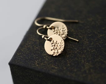 Tiny Hand Stamped Wildflower Gold Earrings • Dainty Minimalist Leaf Dangle Disc Earrings • Handmade Gold Filled Jewelry by Burnish