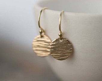 Tiny Textured Gold Filled Disc Earrings for Women, Simple Gold Pendant Earrings for Her, Modern Handmade Jewelry by Burnish