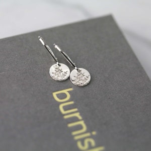 Tiny Hand Stamped Wildflower Lever-back Earrings in Sterling Silver Dainty Minimalist Nature Dangle Disc Earrings image 4