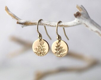Tiny Hand Stamped Fern Leaves Gold Earrings • Dainty Leaf Dangle Disc Lever back Earrings • Handmade Gold Filled Jewelry by Burnish