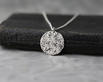 Hammered Sterling Silver Disc Necklace • Rustic Raw Silk Texture Pendant